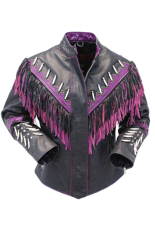 Black leather jacket with purple fringe and accents 