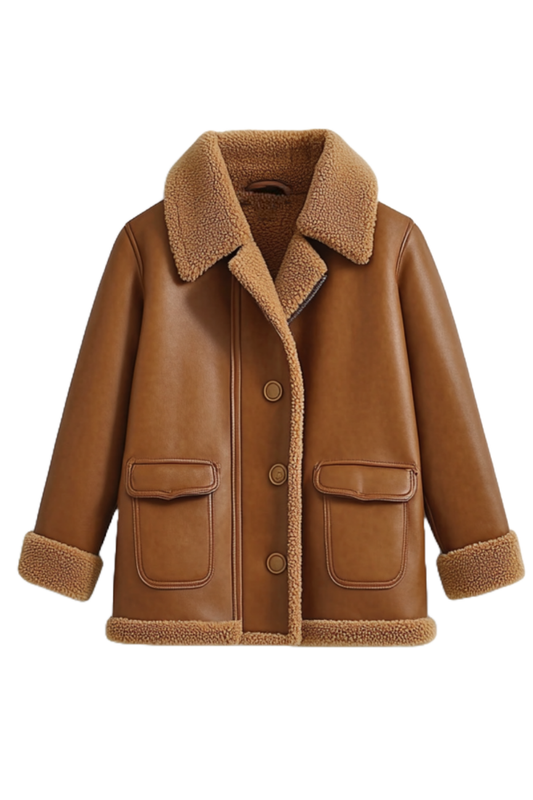 Brown leather coat with shearling collar and cuffs 