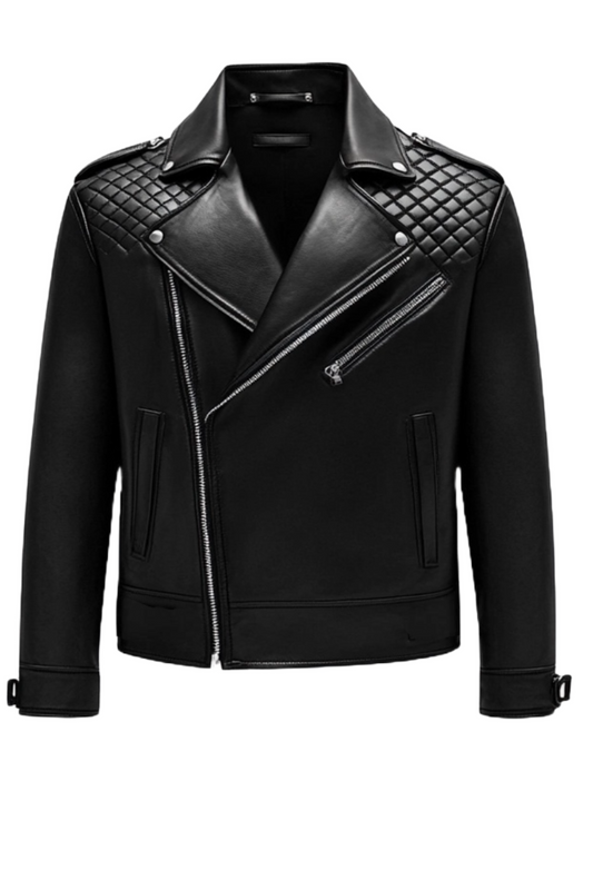 Black leather jacket with quilted details 