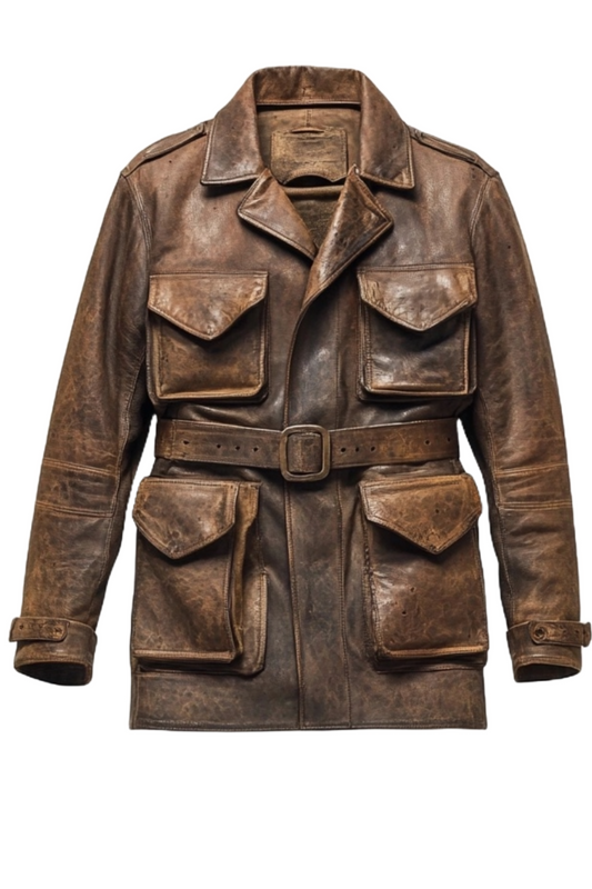 Men's Vintage Brown Distressed Belted Leather Safari Coat