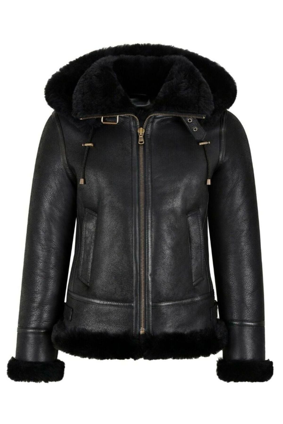 Women's Black Hooded Shearling Aviator Jacket - Ultimate Winter Warmth