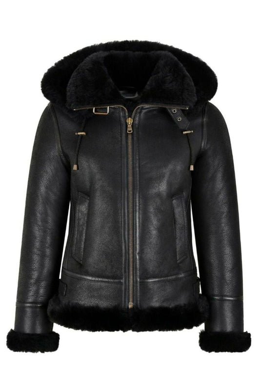 Women's Black Hooded Shearling Aviator Jacket - Ultimate Winter Warmth