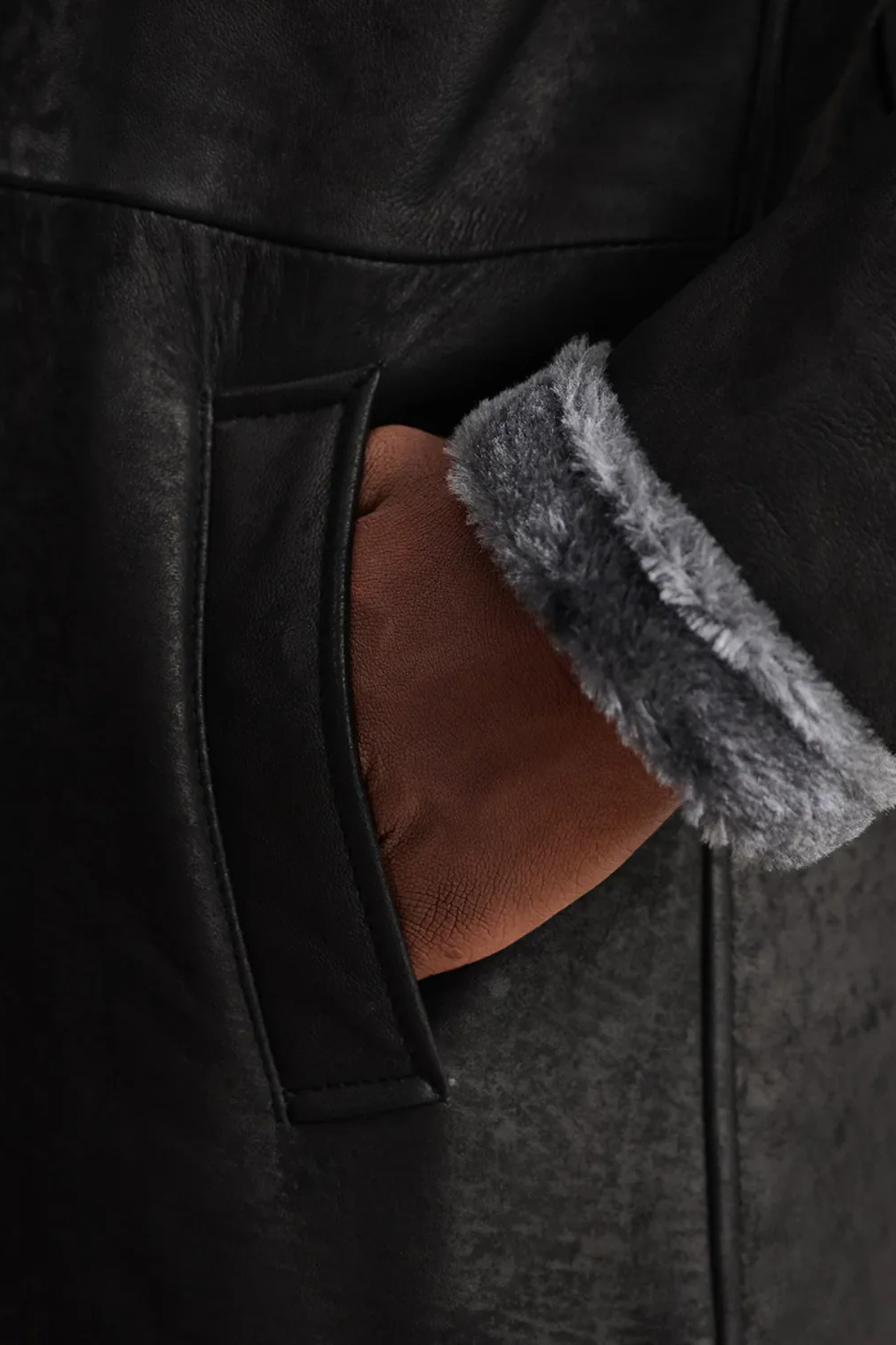 Close-up of a black leather jacket with gray lining