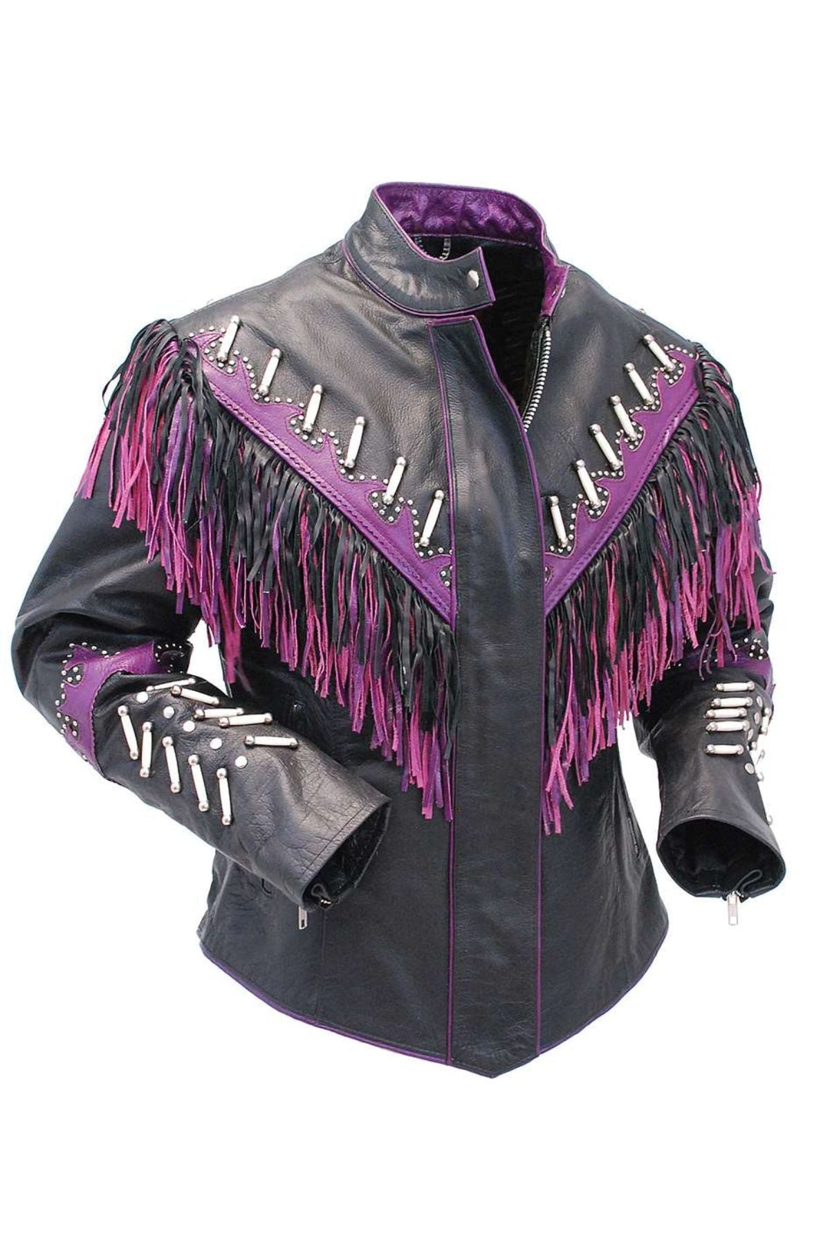 Black leather jacket with purple fringe and accents 