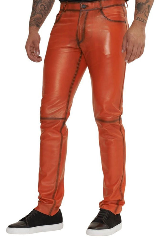 Men's Distressed Orange Leather Biker Pants | Paneled Slim-Fit Trousers