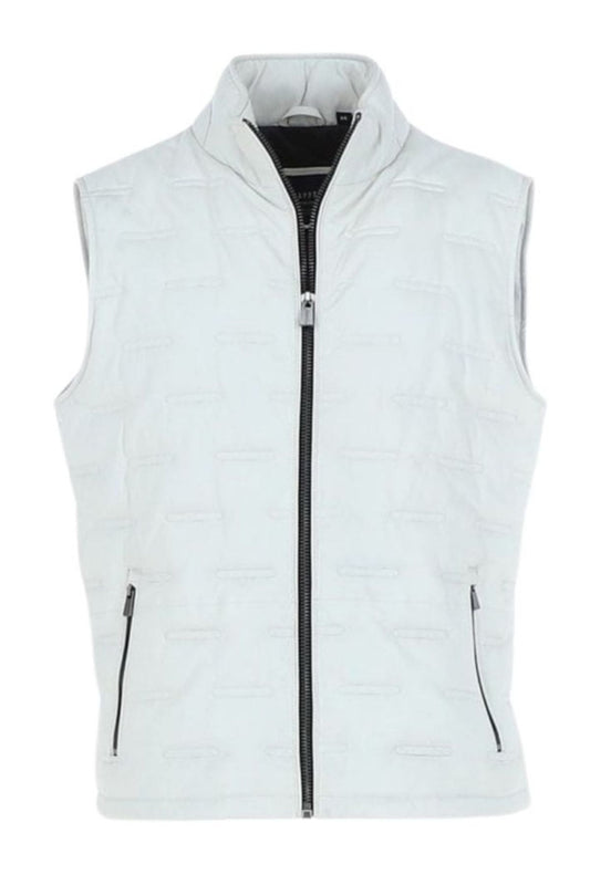 White quilted vest with black zippers on a white background