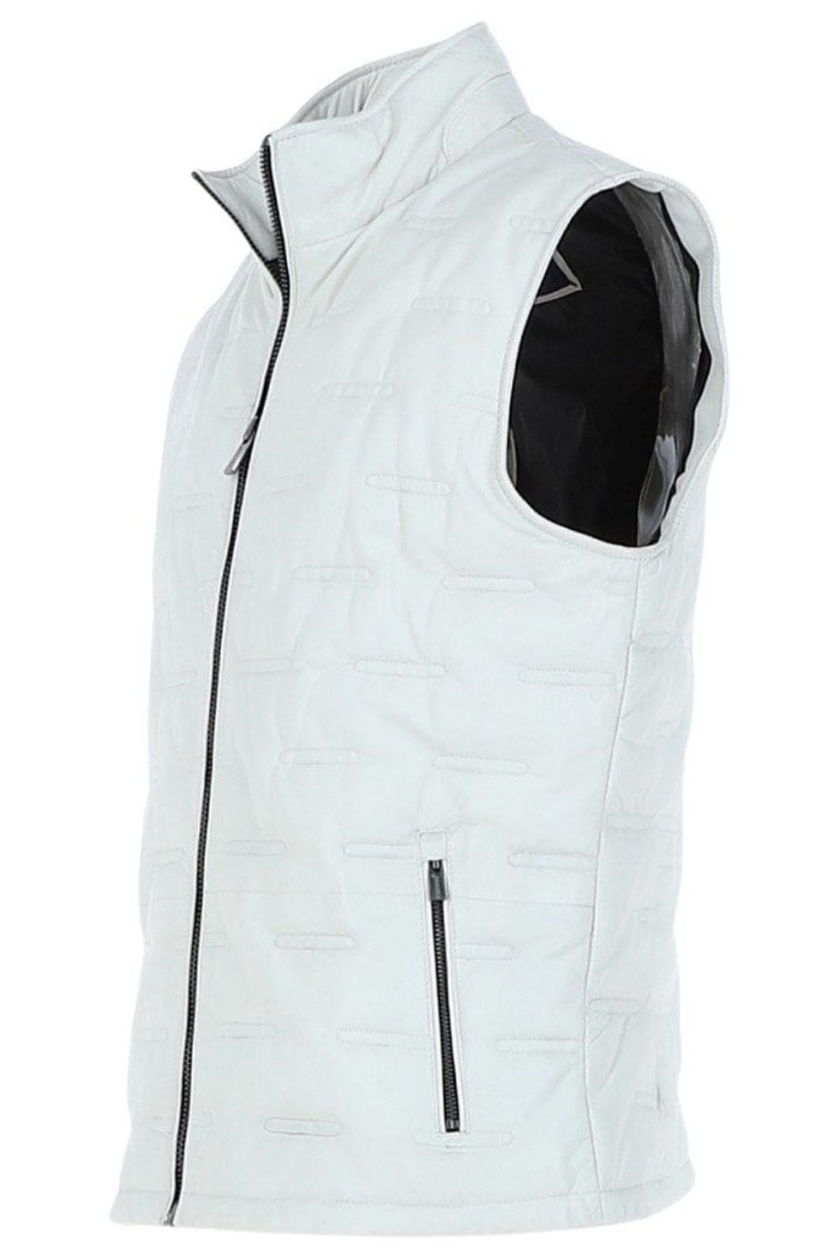 White vest with black accents on a white background