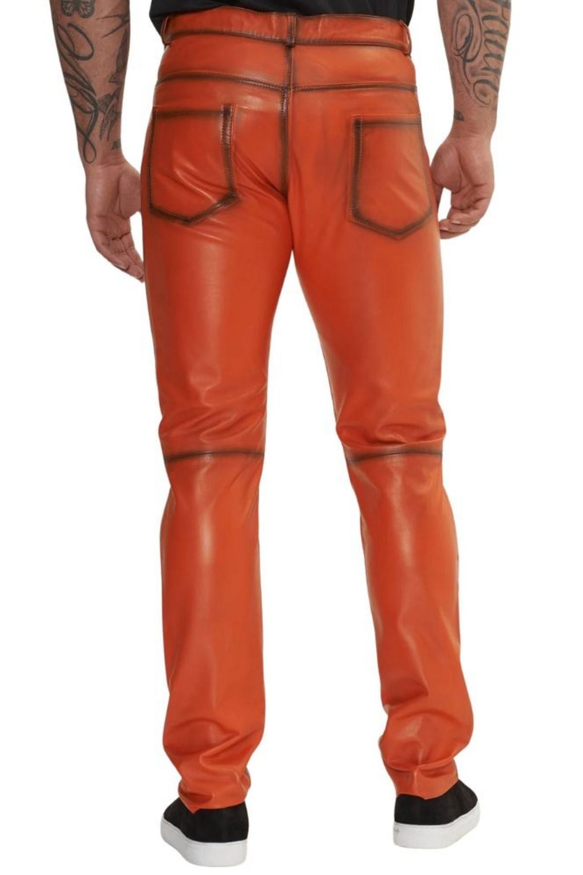Men's Distressed Orange Leather Biker Pants | Paneled Slim-Fit Trousers