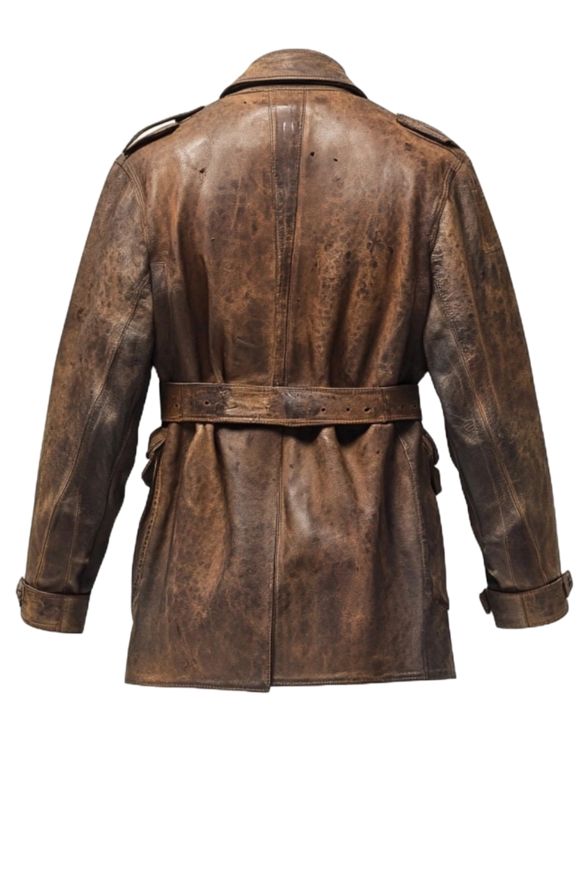 Men's Vintage Brown Distressed Belted Leather Safari Coat