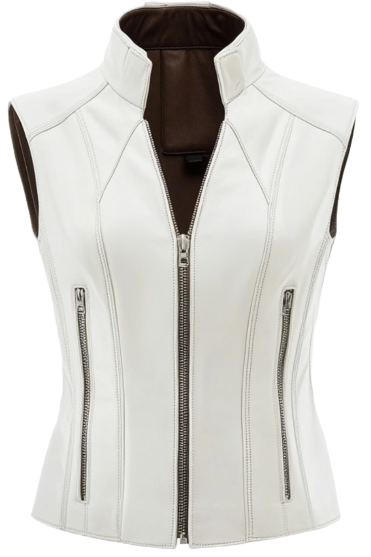 Women's White Stand Collar Leather Vest