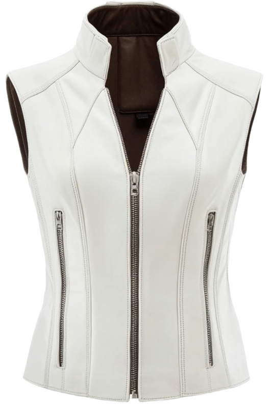 Women's White Stand Collar Leather Vest