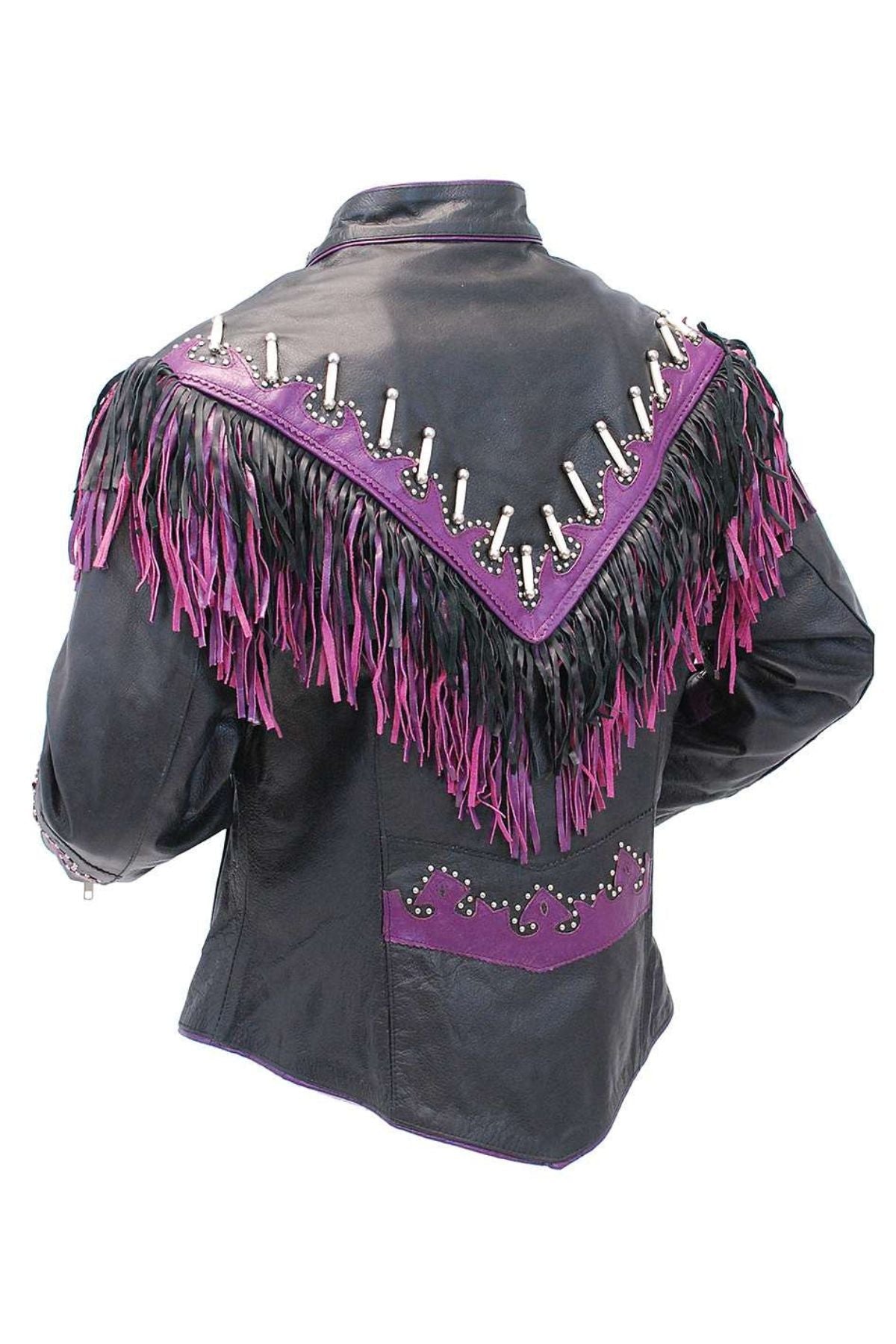 Black leather jacket with purple fringe and decorative elements 