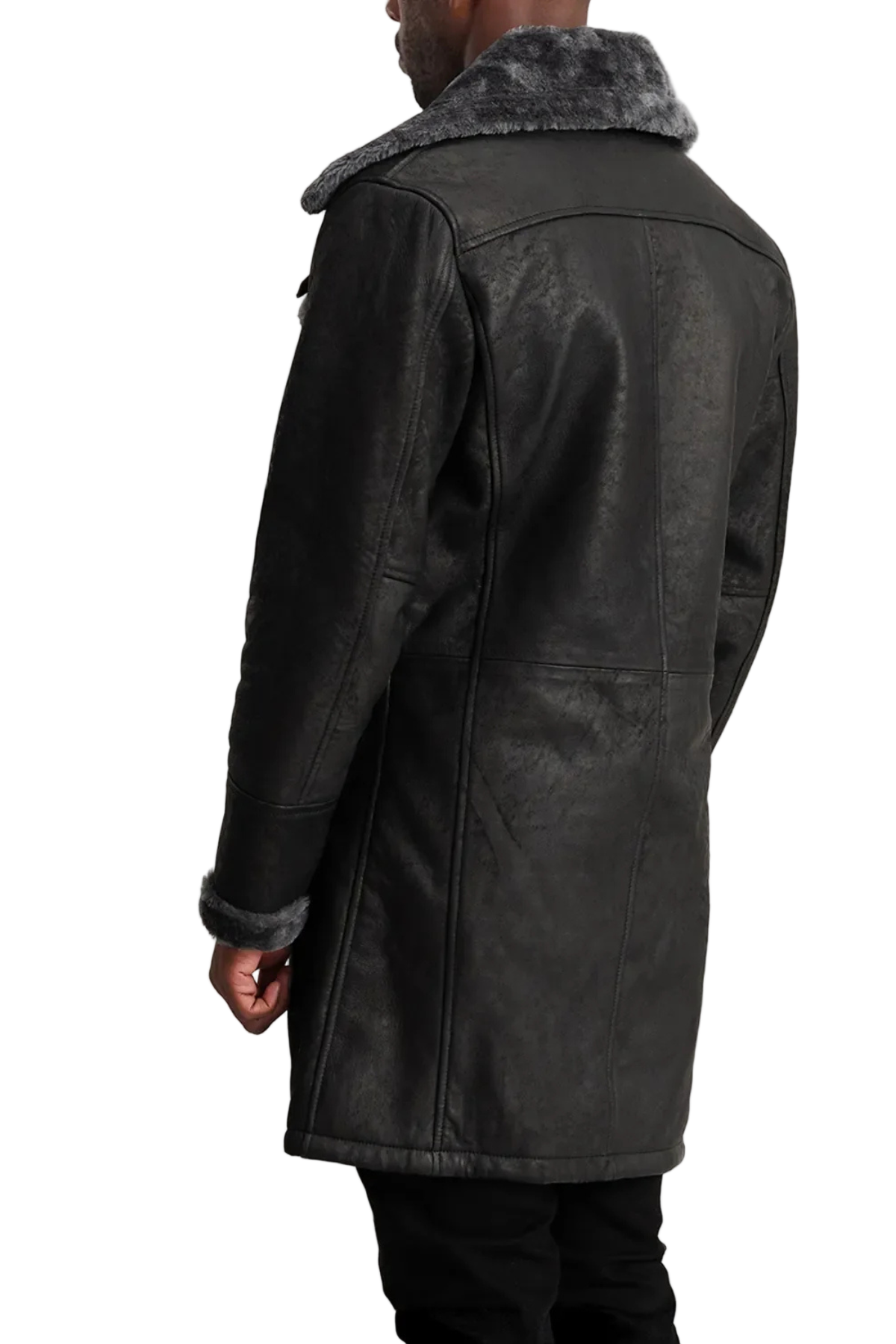 Person wearing a black leather coat with fur collar 