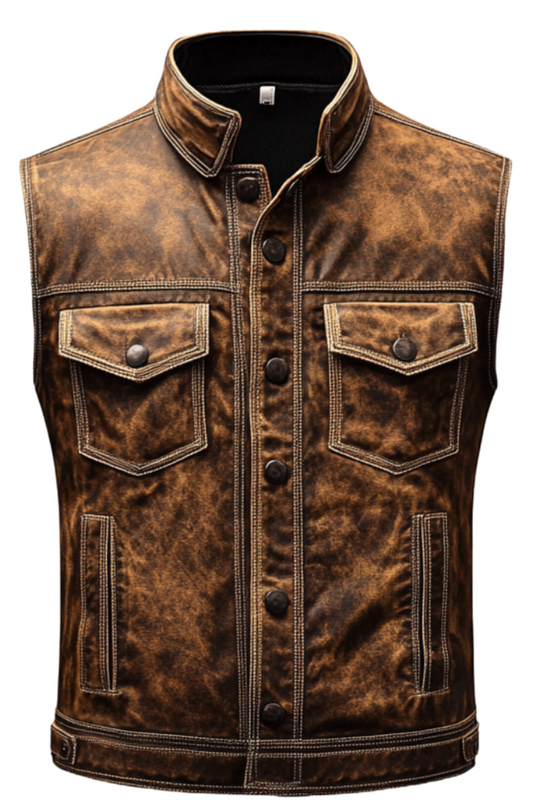 Brown leather vest with button details 