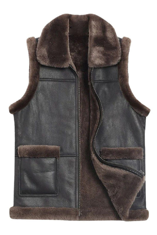 Brown leather vest with fur lining on a white background