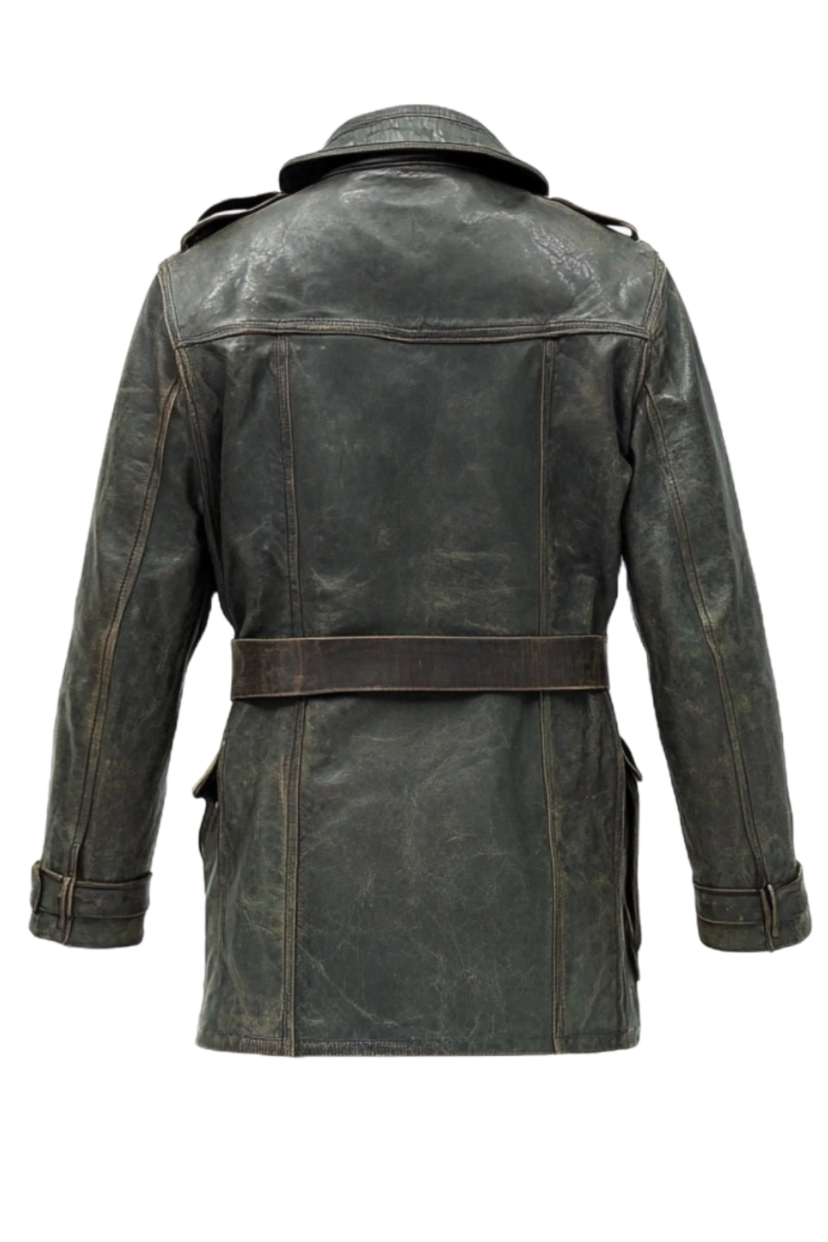 Men's Vintage Black Multi-Pocket Belted Leather Field Coat