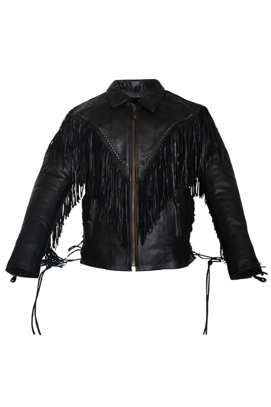 Black leather jacket with fringe details 