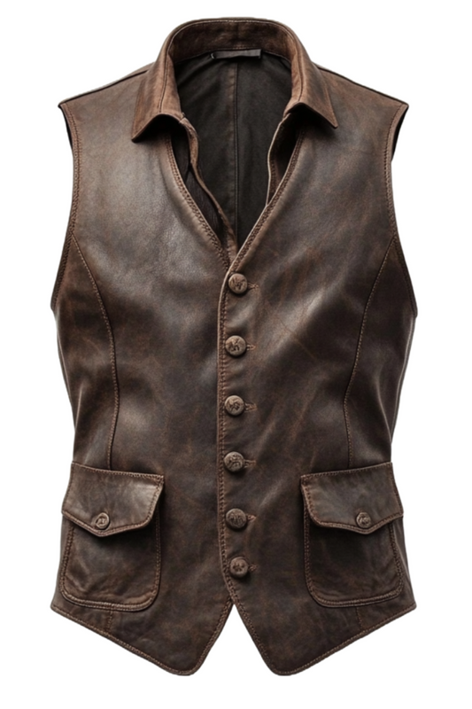 Brown leather vest with buttons 