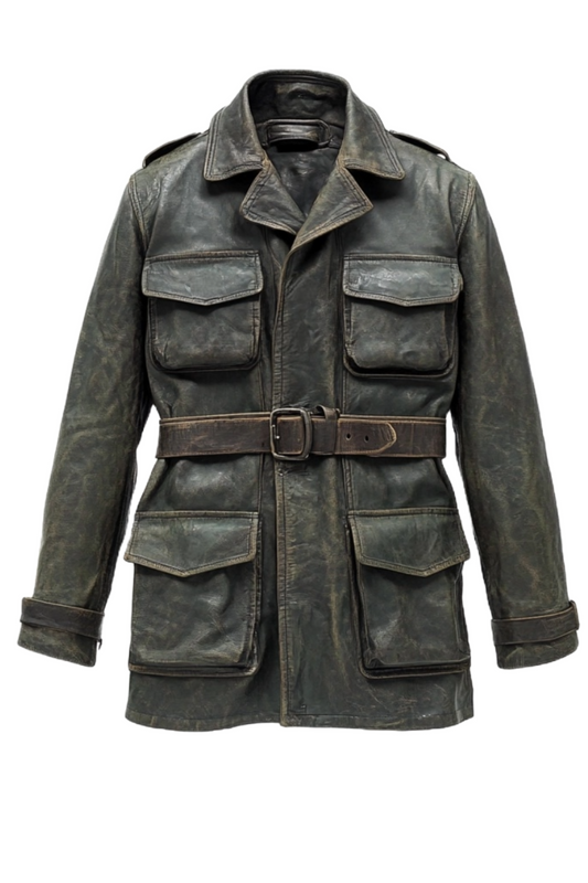 Men's Vintage Black Multi-Pocket Belted Leather Field Coat