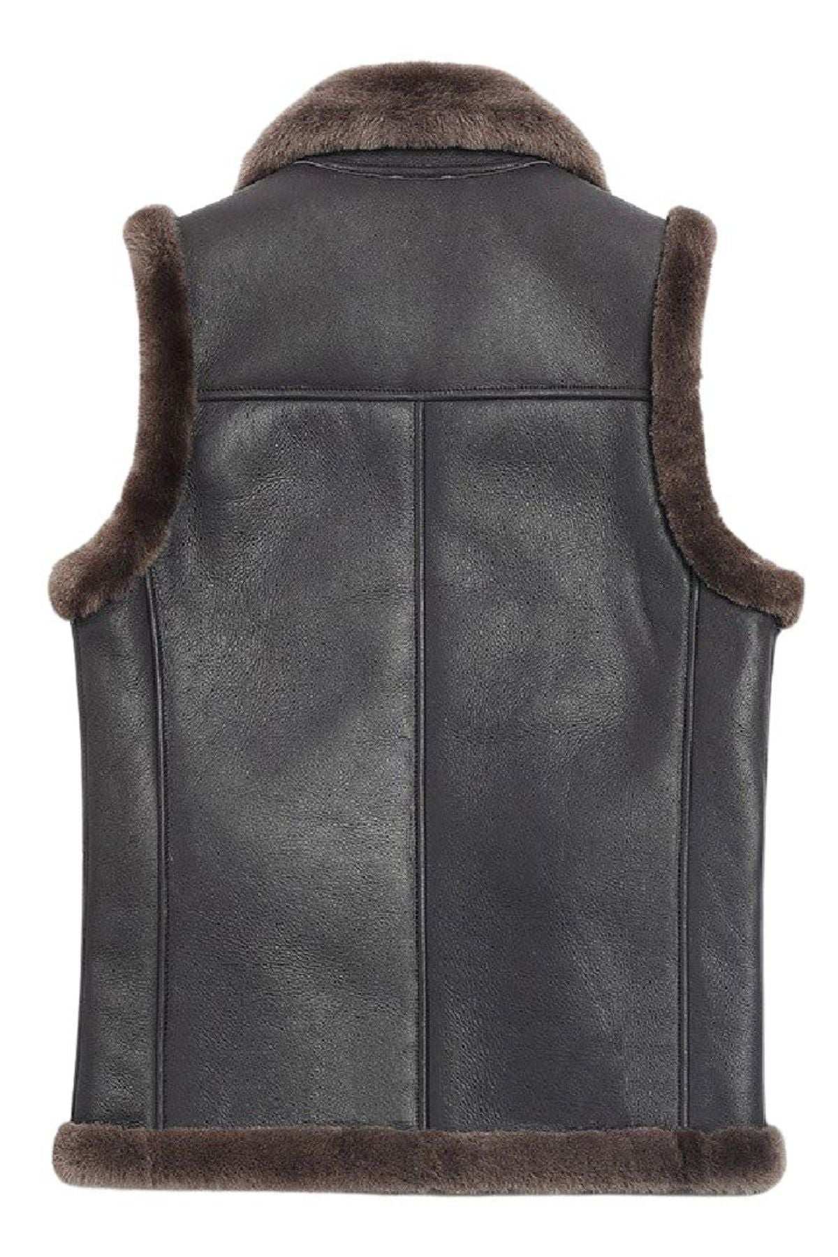 Black leather vest with brown fur trim on a white background