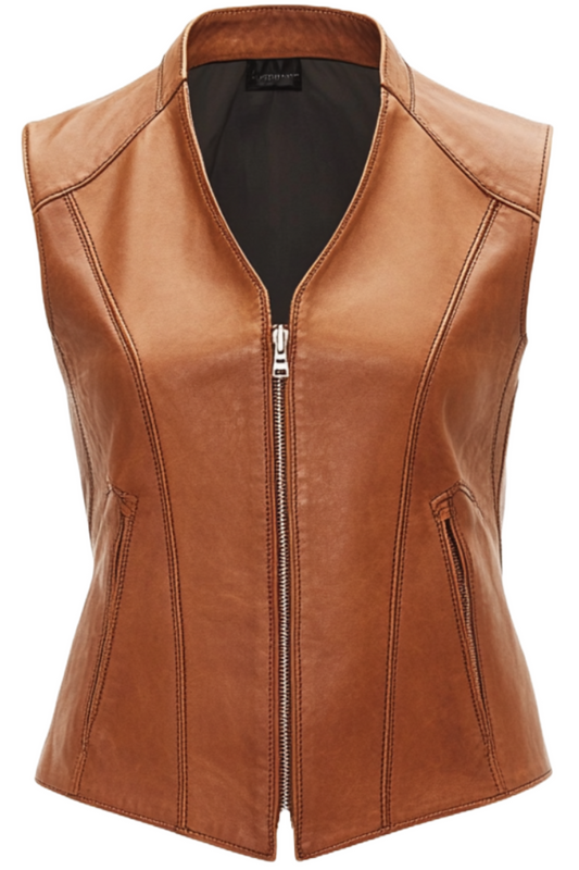 Women's Brown V-Neck Leather Vest