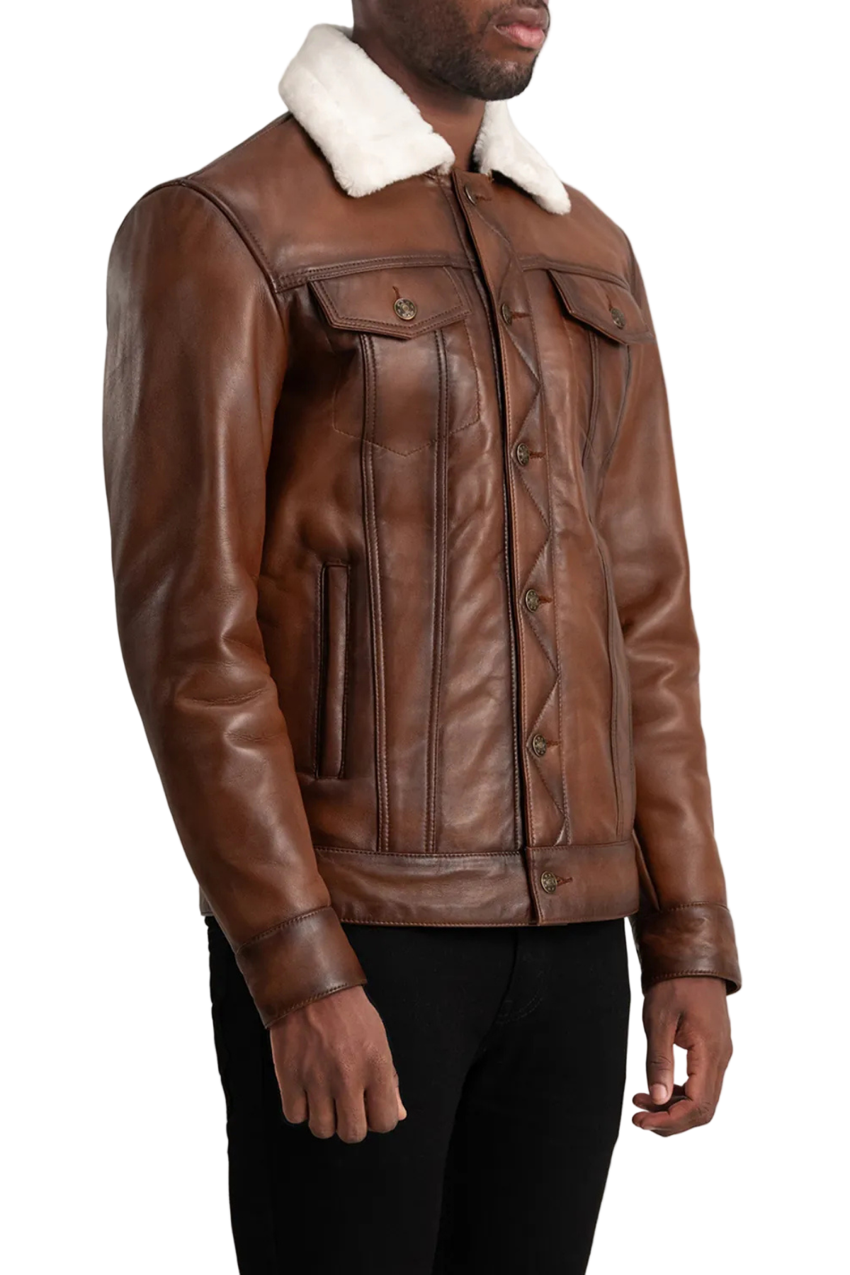 Brown leather jacket with white fur lining 