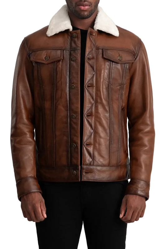 Brown leather jacket with white fur collar 