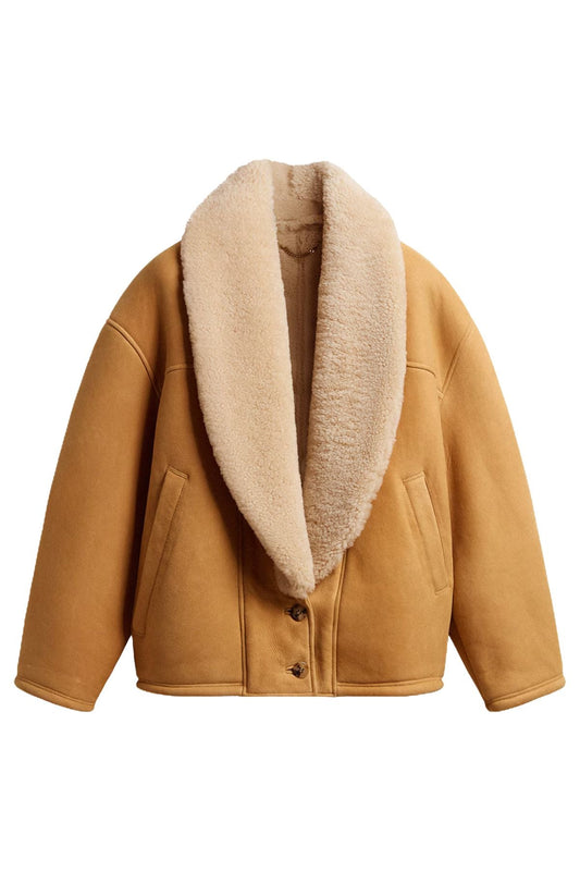 Brown jacket with beige shearling collar 