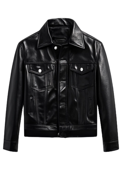Men's Classic Black Leather Trucker Jacket