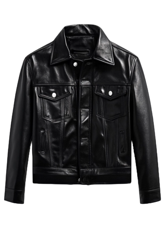 Men's Classic Black Leather Trucker Jacket