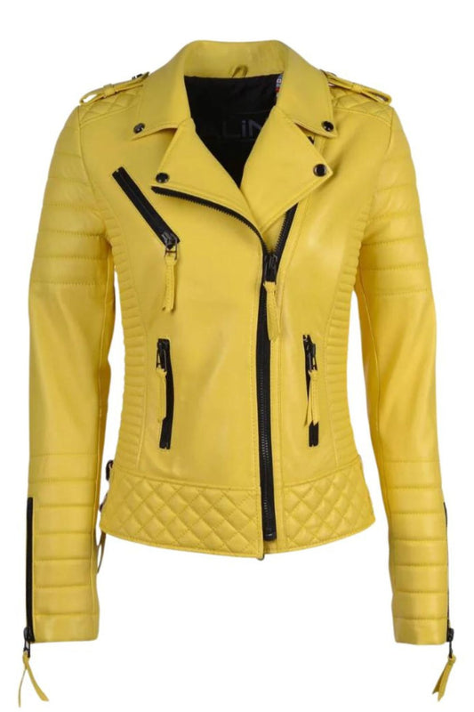 Yellow leather jacket with black zippers 