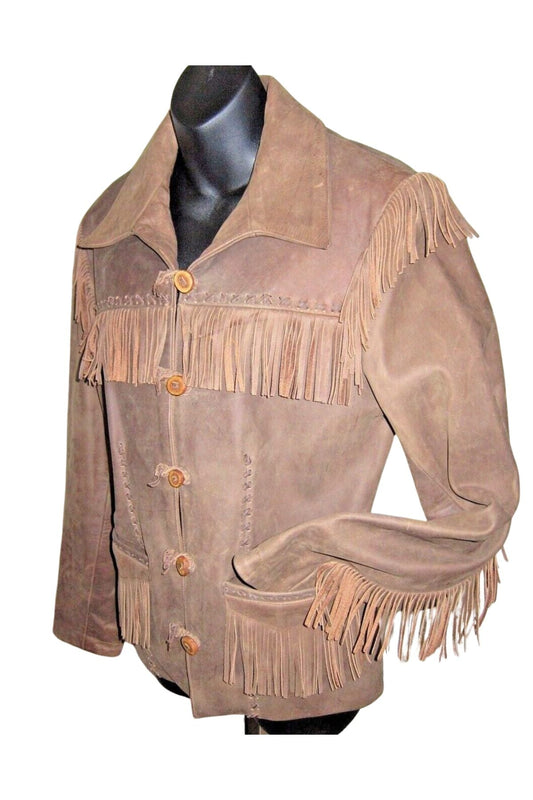 Brown suede jacket with fringes on a mannequin against 