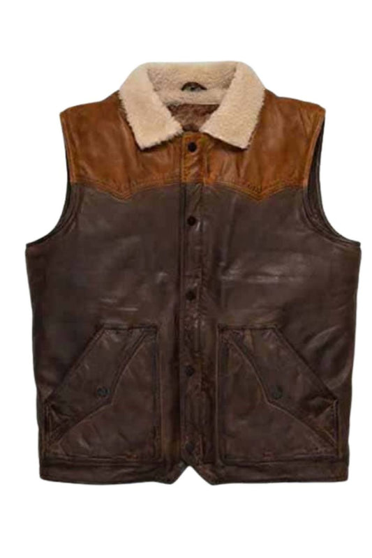 Men's Two-Tone Western Shearling Vest - Cowboy Style Leather Waistcoat