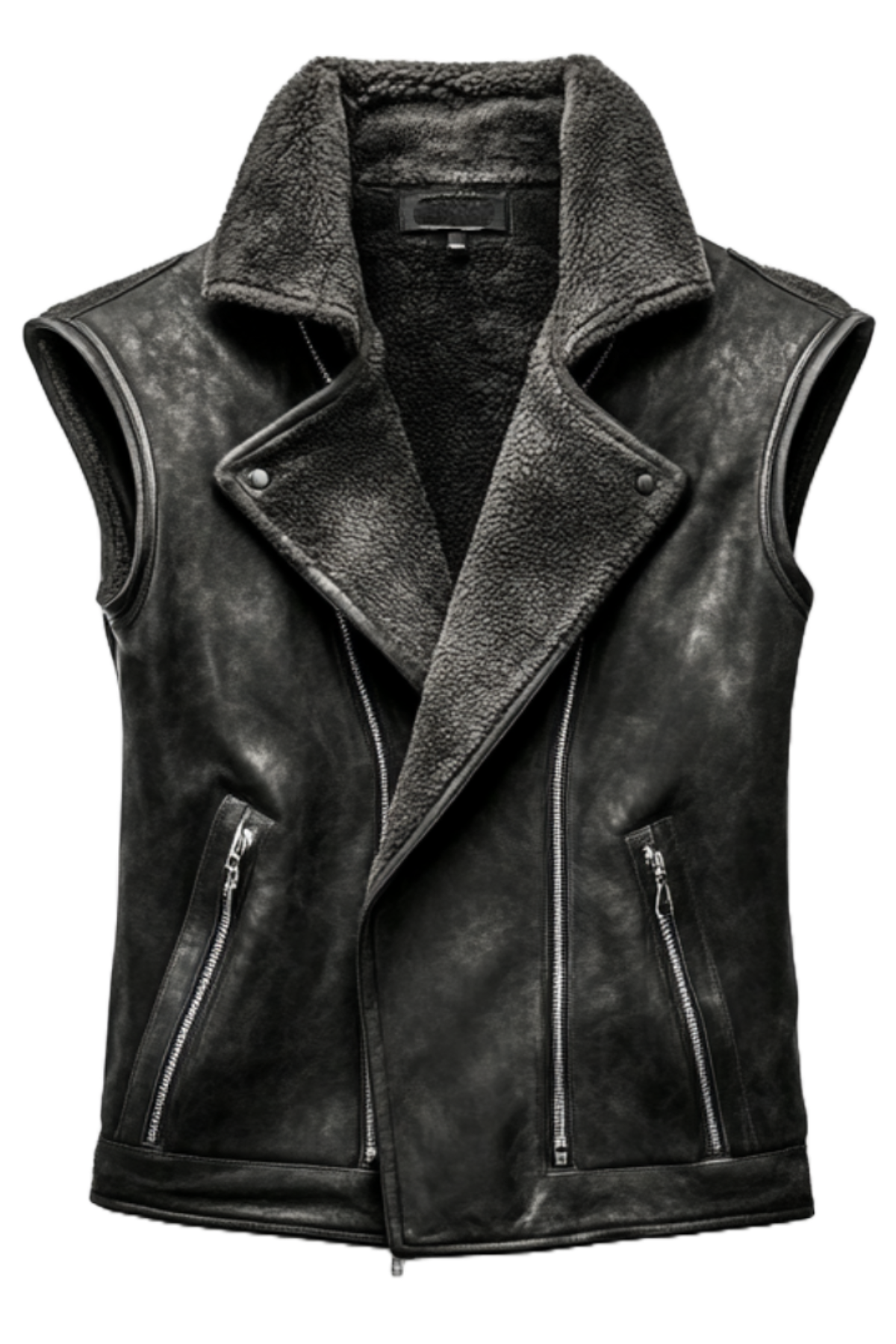 Women's Black Faux Shearling Lined Biker Vest 