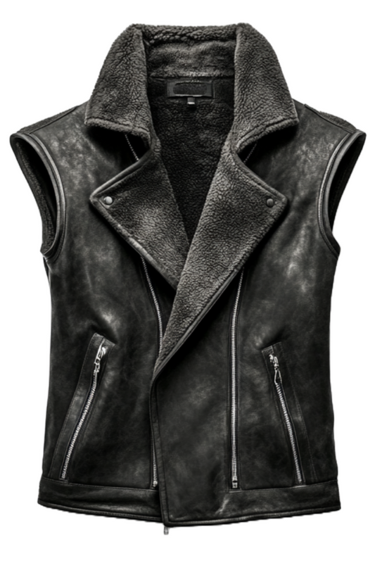 Women's Black Faux Shearling Lined Biker Vest 
