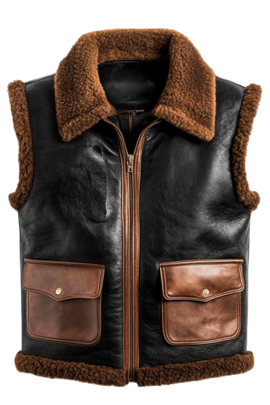 Black leather vest with brown fur collar and pockets 