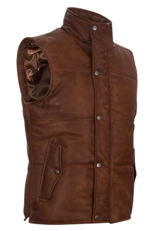 Brown leather vest on a white background