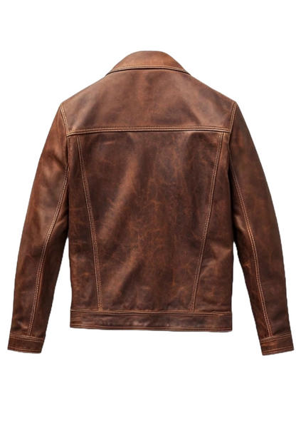 Men's Distressed Brown Leather Button-Up Trucker Jacket