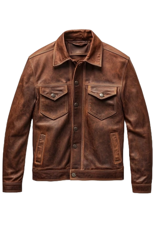 Men's Distressed Brown Leather Button-Up Trucker Jacket