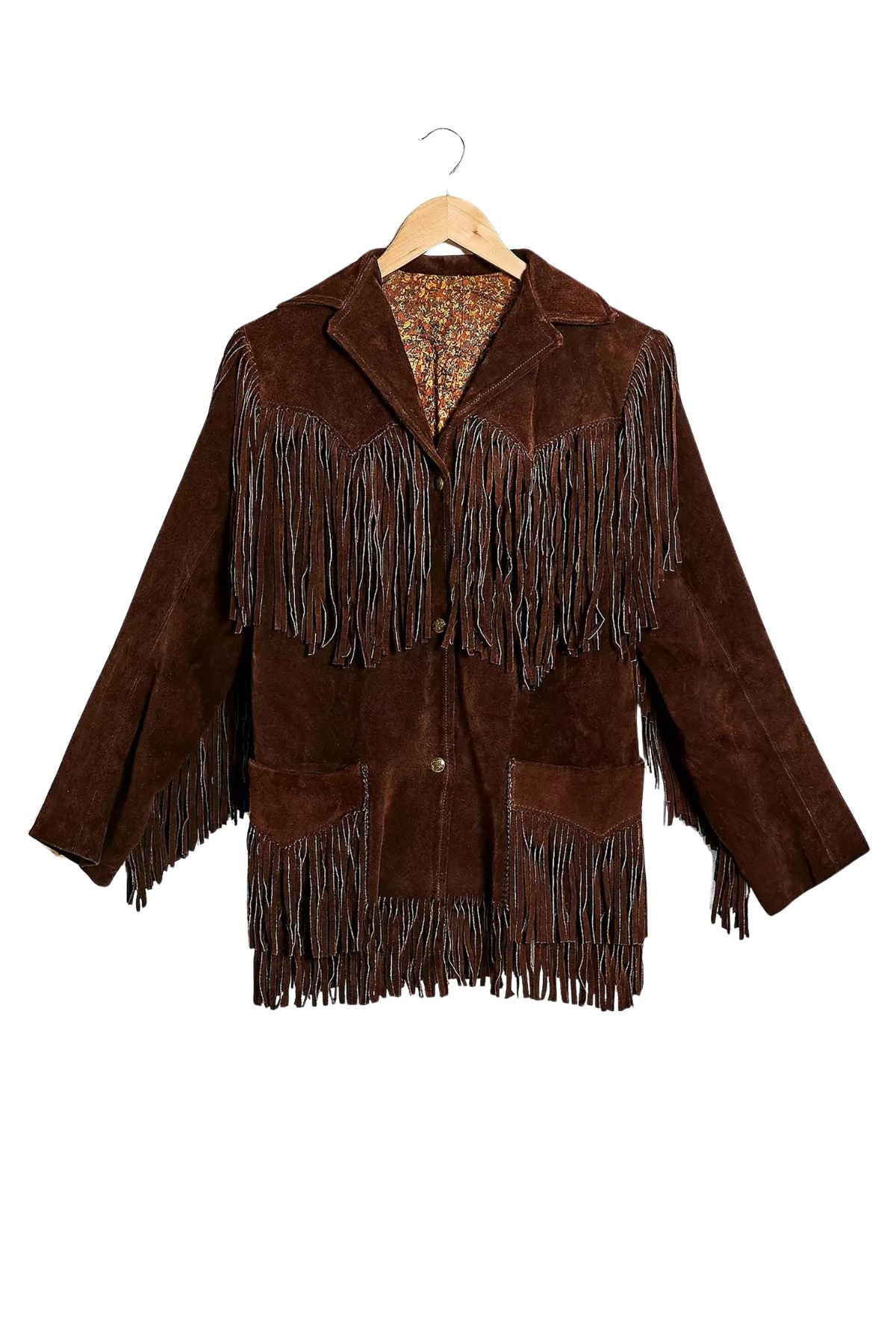 Brown suede jacket with fringes on a hanger 