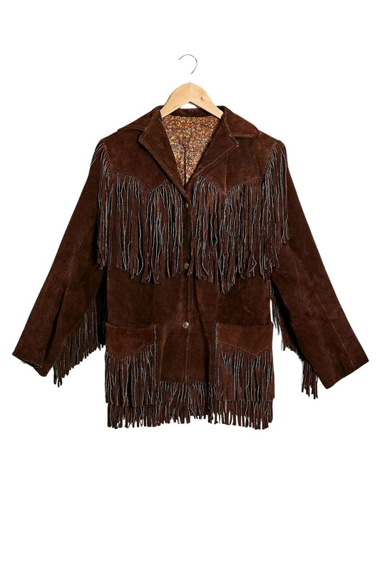 Brown suede jacket with fringes on a hanger 