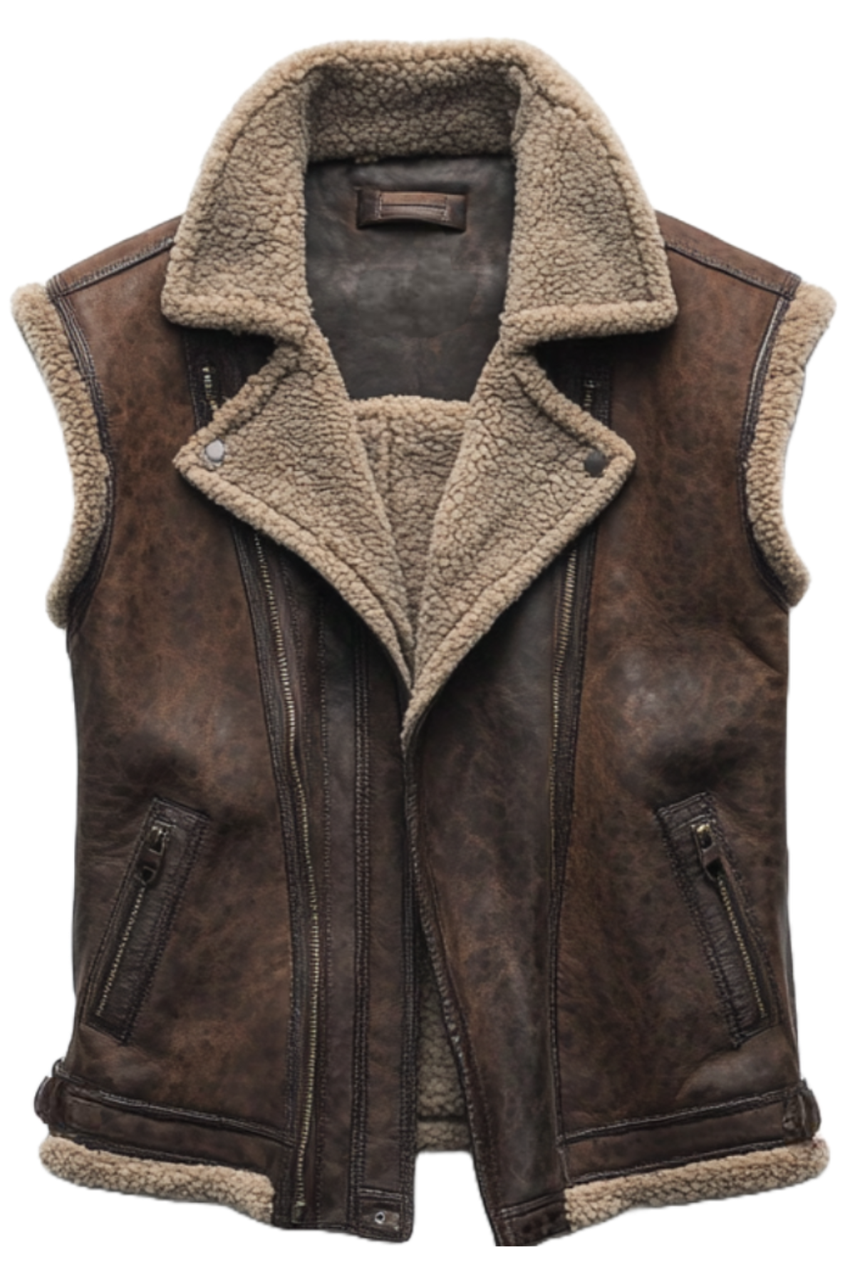 Women's Brown Shearling Lined Biker Vest | Warm & Rustic Aviator Style