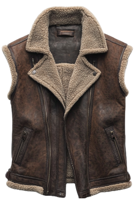 Women's Brown Shearling Lined Biker Vest | Warm & Rustic Aviator Style