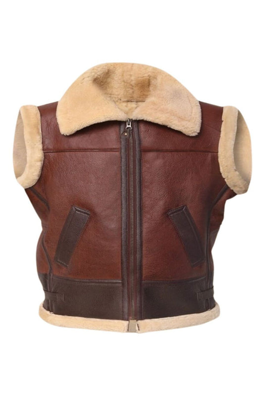 Brown leather vest with beige fur collar and lining on a white background