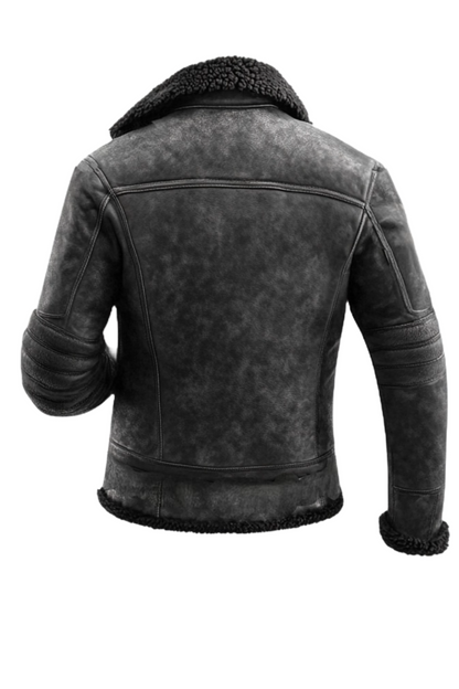 Back view of a black leather jacket with shearling collar 
