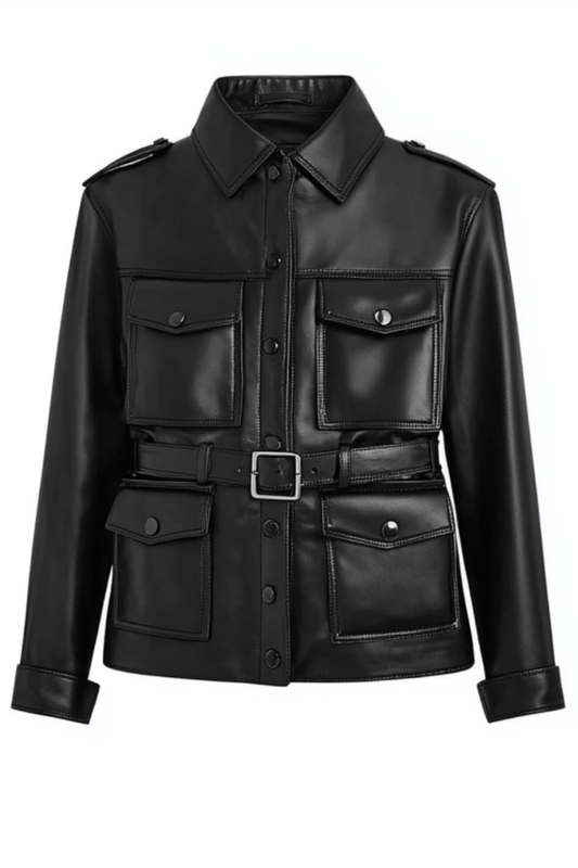 Black leather jacket with multiple pockets and a belt 