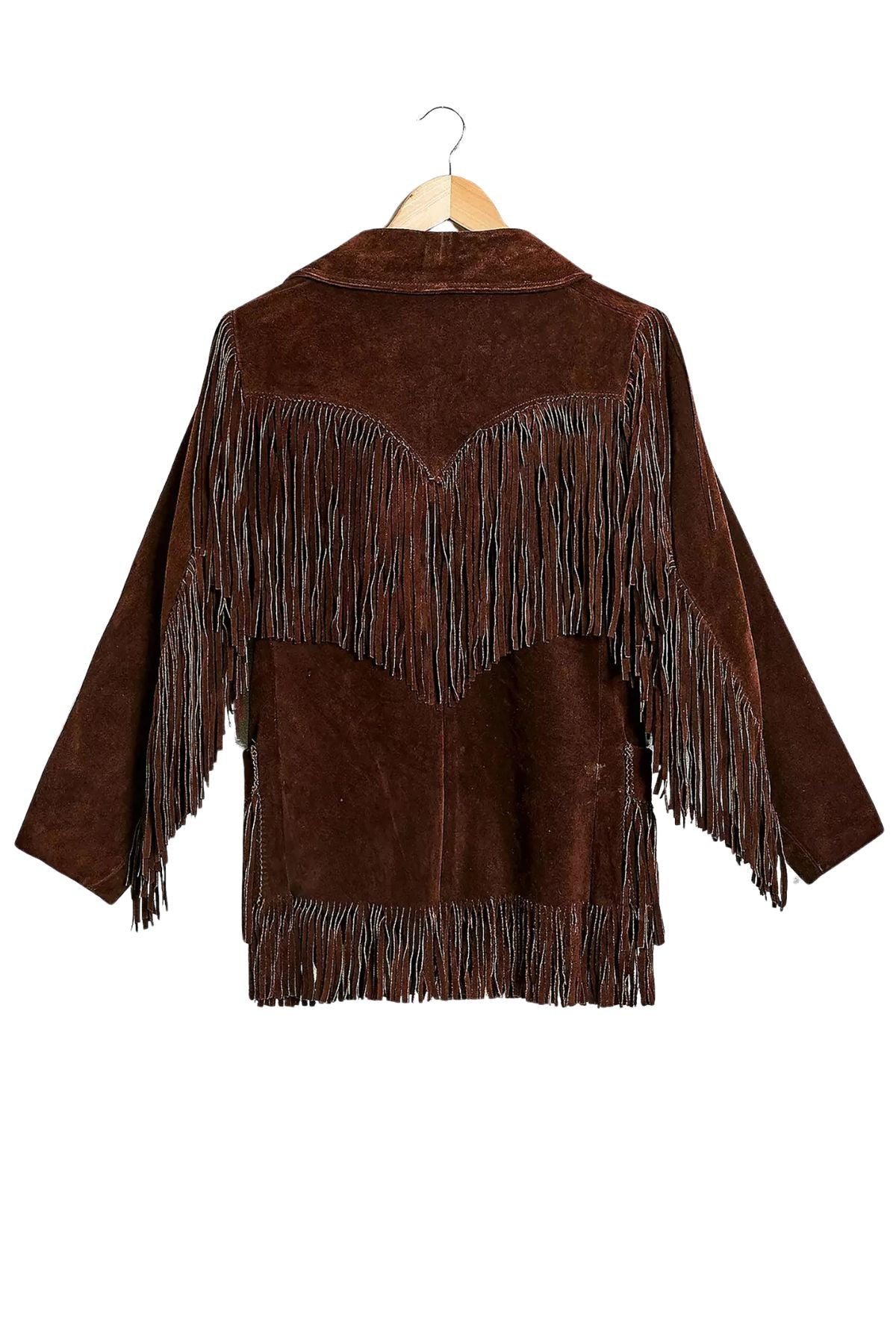 Brown suede jacket with fringes on a hanger 