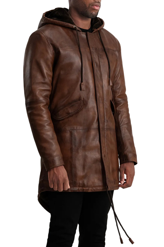  brown leather jacket with a hood