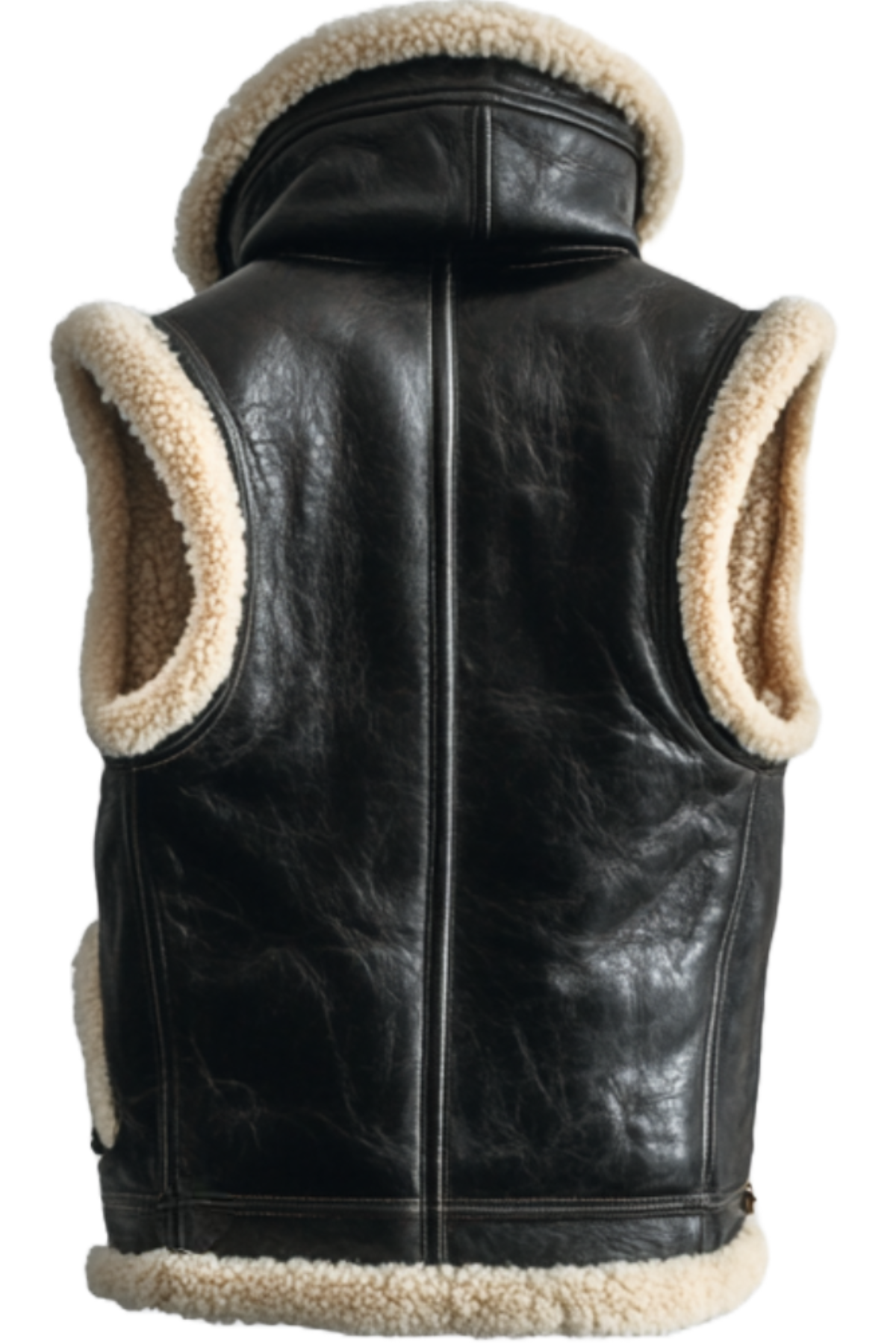 Black leather vest with beige fur lining 