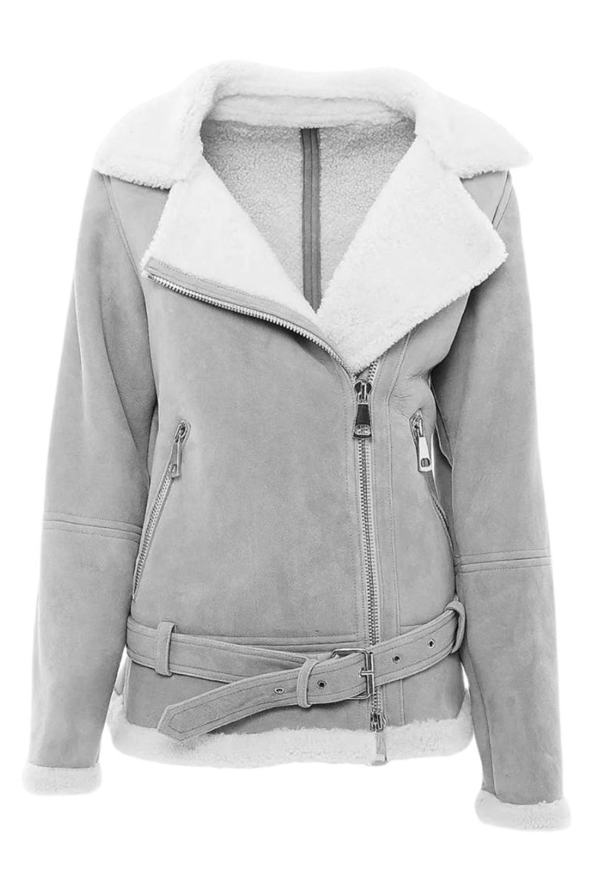 Gray jacket with white collar and fur lining 